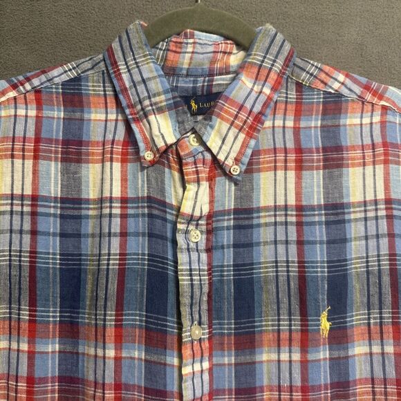 Ralph Lauren 100% Linen Plaid Button Down Shirt S/S Mens L Red White Blue Preppy - Picture 5 of 7